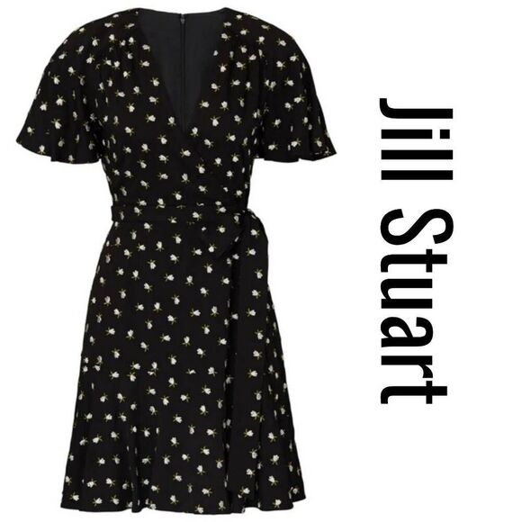 JILL STUART  Wrap Dress | Black Mini V-Neck  Floral Embroidered Size 4 Romantic - Picture 1 of 13